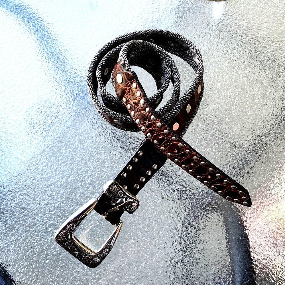 NANNI MADE IN ITALY WOMEN'S BROWN LEATHER AND METAL DESIGNER BELT SIZE 36